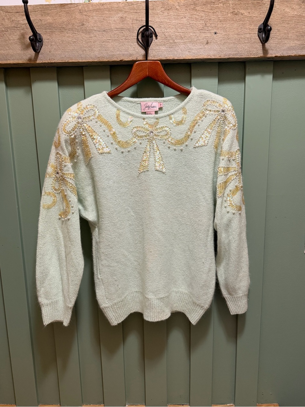 Jaclyn Smith 80s Silk Angora Blend Sweater Sequin & Pearl Bow Pastel Mint M